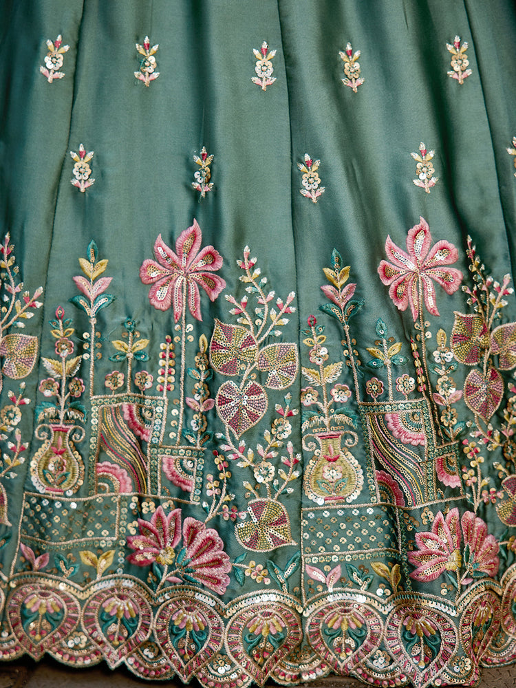 Teal Elegant Chiffon Sequin Embroidered Lehenga Choli Set with Ethnic Dupatta & Handmade Latkan ClothsVilla