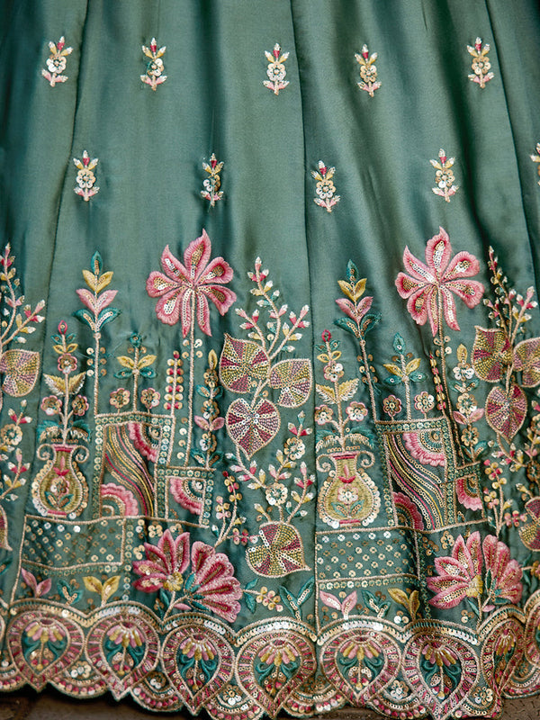 Teal Elegant Chiffon Sequin Embroidered Lehenga Choli Set with Ethnic Dupatta & Handmade Latkan ClothsVilla