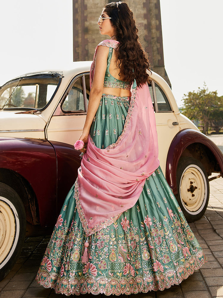 Teal Elegant Chiffon Sequin Embroidered Lehenga Choli Set with Ethnic Dupatta & Handmade Latkan ClothsVilla
