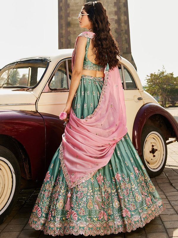 Teal Elegant Chiffon Sequin Embroidered Lehenga Choli Set with Ethnic Dupatta & Handmade Latkan ClothsVilla