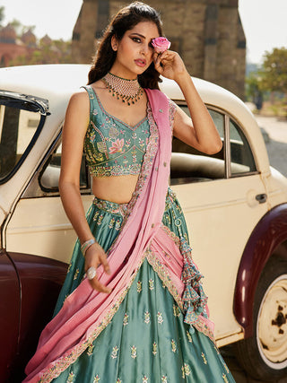 Teal Elegant Chiffon Sequin Embroidered Lehenga Choli Set with Ethnic Dupatta & Handmade Latkan ClothsVilla