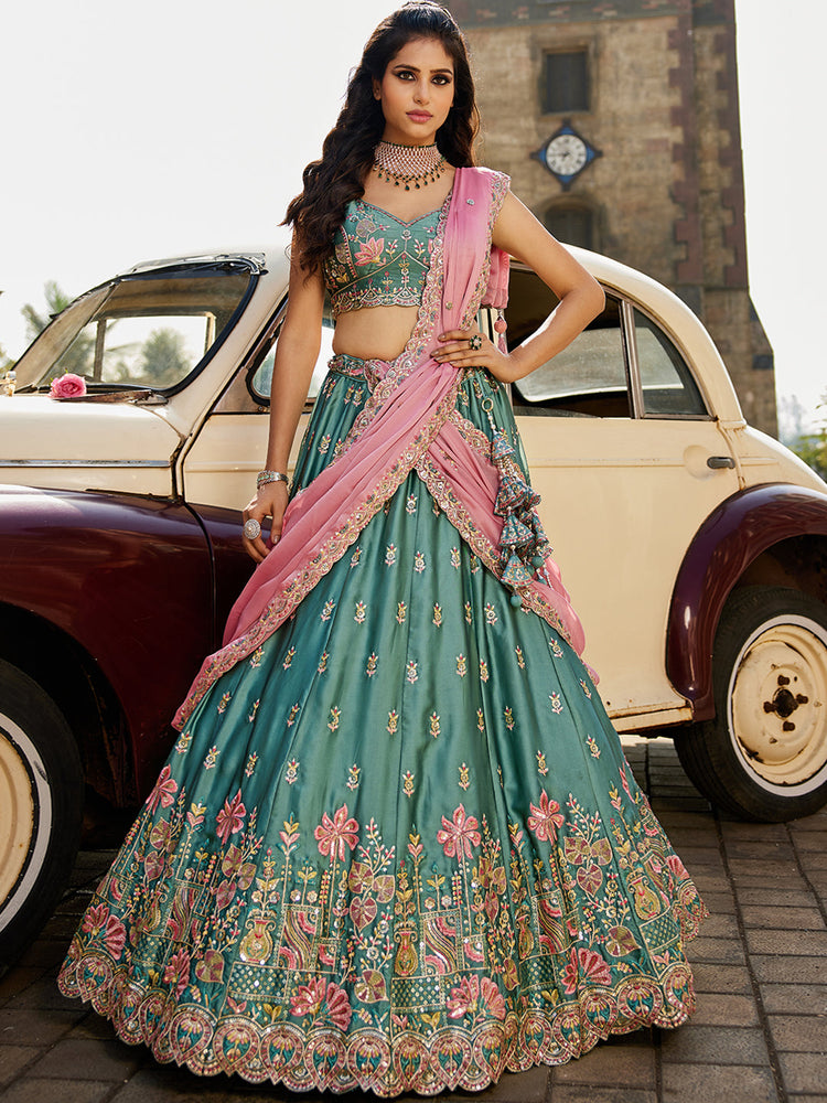Teal Elegant Chiffon Sequin Embroidered Lehenga Choli Set with Ethnic Dupatta & Handmade Latkan ClothsVilla