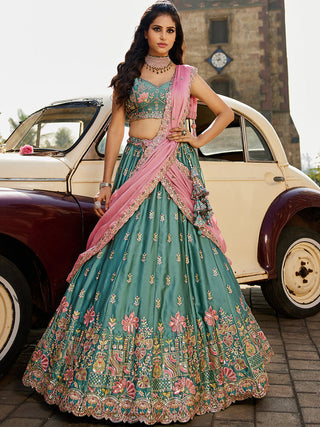 Teal Elegant Chiffon Sequin Embroidered Lehenga Choli Set with Ethnic Dupatta & Handmade Latkan ClothsVilla