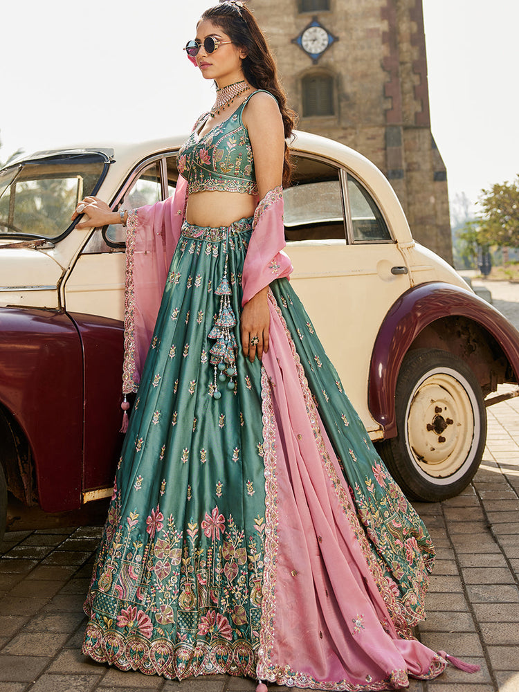 Teal Elegant Chiffon Sequin Embroidered Lehenga Choli Set with Ethnic Dupatta & Handmade Latkan ClothsVilla