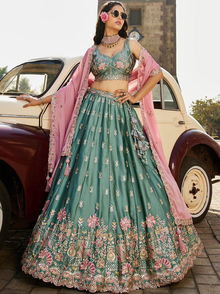 Teal Elegant Chiffon Sequin Embroidered Lehenga Choli Set with Ethnic Dupatta & Handmade Latkan ClothsVilla