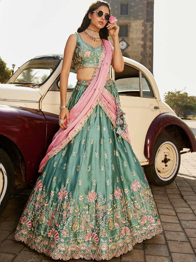 Teal Elegant Chiffon Sequin Embroidered Lehenga Choli Set with Ethnic Dupatta & Handmade Latkan ClothsVilla