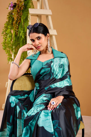 Teal Elegant Floral Print Satin Silk Saree with Plain Banglory Blouse Piece ClothsVilla