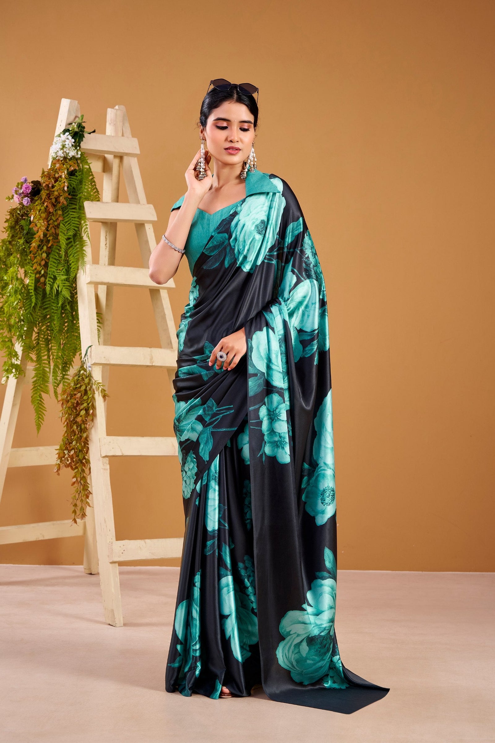 Teal Elegant Floral Print Satin Silk Saree with Plain Banglory Blouse Piece ClothsVilla