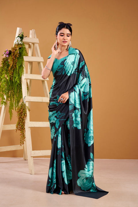 Teal Elegant Floral Print Satin Silk Saree with Plain Banglory Blouse Piece ClothsVilla Main image