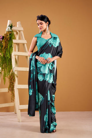 Teal Elegant Floral Print Satin Silk Saree with Plain Banglory Blouse Piece ClothsVilla