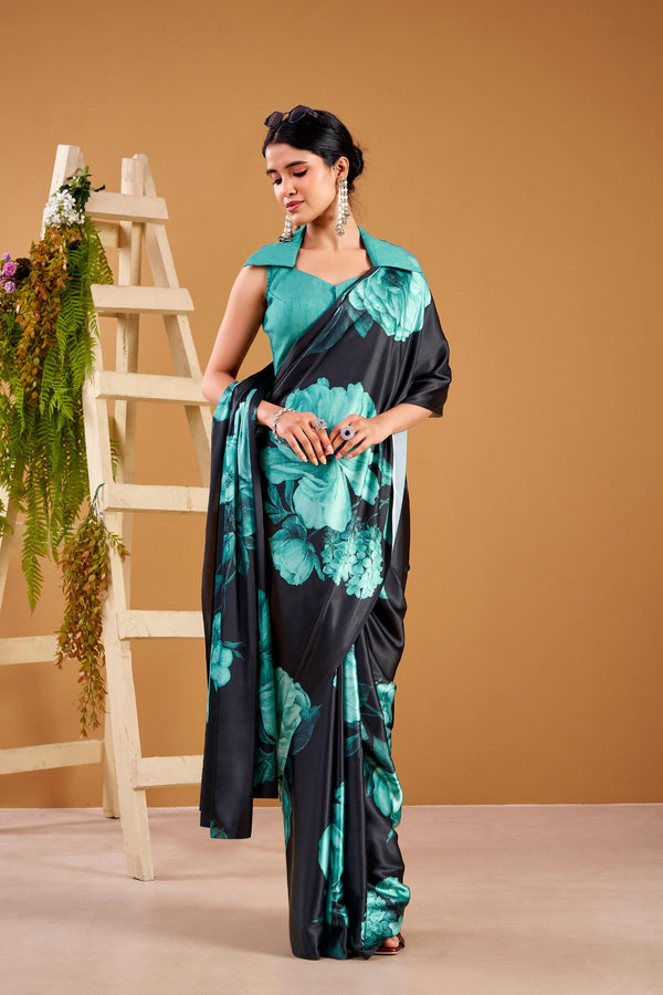 Teal Elegant Floral Print Satin Silk Saree with Plain Banglory Blouse Piece ClothsVilla