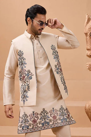 Tendy Beige Wedding Special Koti Kurta Set for Mens Wear Clothsvilla