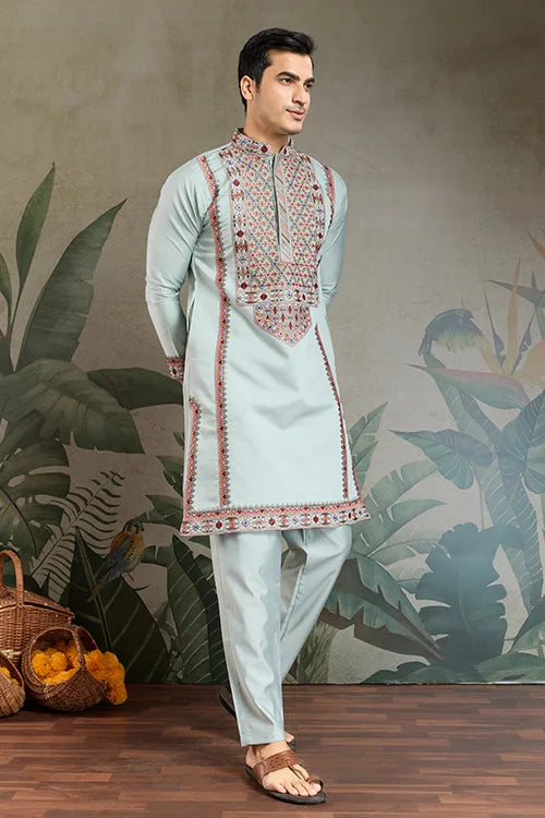 Traditional Sky Blue Embroidered Kurta Pajama Set Clothsvilla