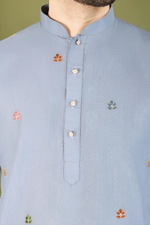 Sky Color Thread with Embroidered Cotton Gents Kurta Clothsvilla