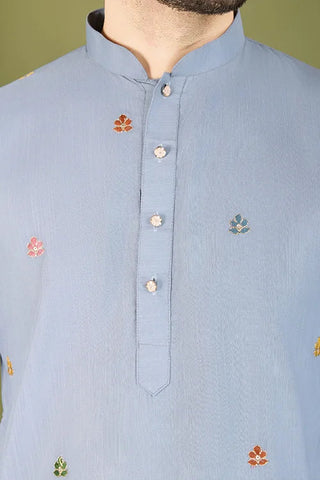 Sky Color Thread with Embroidered Cotton Gents Kurta Clothsvilla