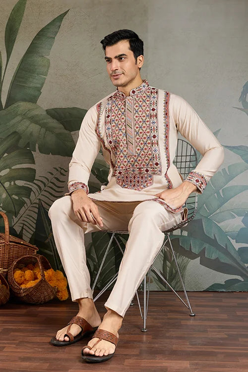 Classic Ivory Embroidered Kurta Pajama for Men Clothsvilla