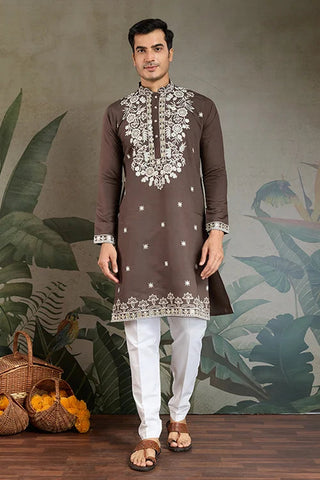Wedding Functions Chocolate Gray Embroidered Kurta Clothsvilla