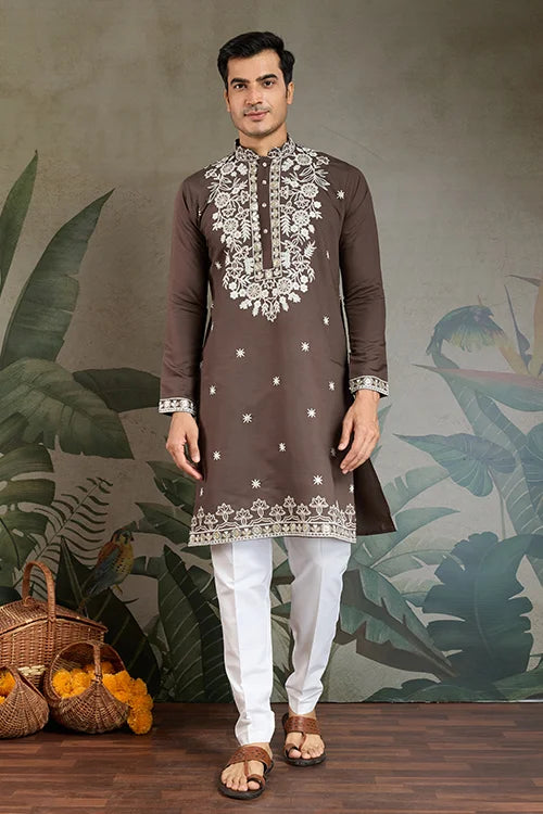 Wedding Functions Chocolate Gray Embroidered Kurta Clothsvilla