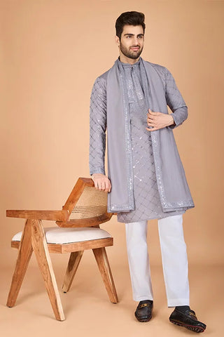 Designer Grey Viscose Silk Men's Kurta – Elegant Wedding Attire Clothsvilla