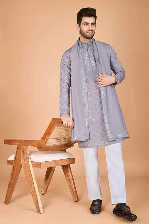 Designer Grey Viscose Silk Men's Kurta – Elegant Wedding Attire Clothsvilla
