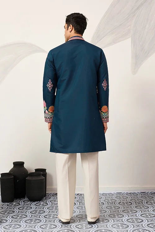 Indian Wedding Style Exclusive Teal Blue Kurta for Mens Clothsvilla