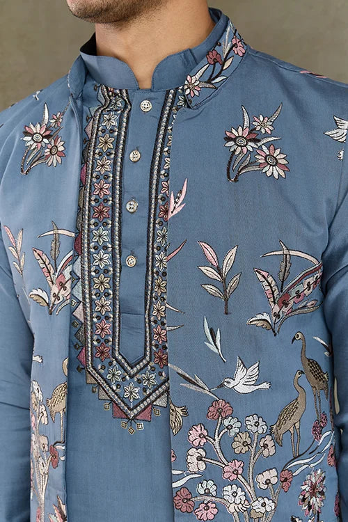 Blue Gray Open Koti Style Full Kurta Pajama Set for Men Clothsvilla