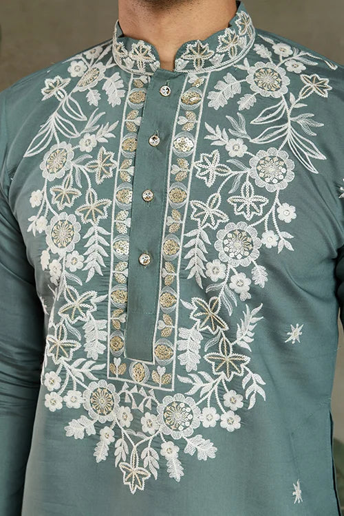 Pastel Pista Viscose Silk Embroidered Kurta for Men Clothsvilla