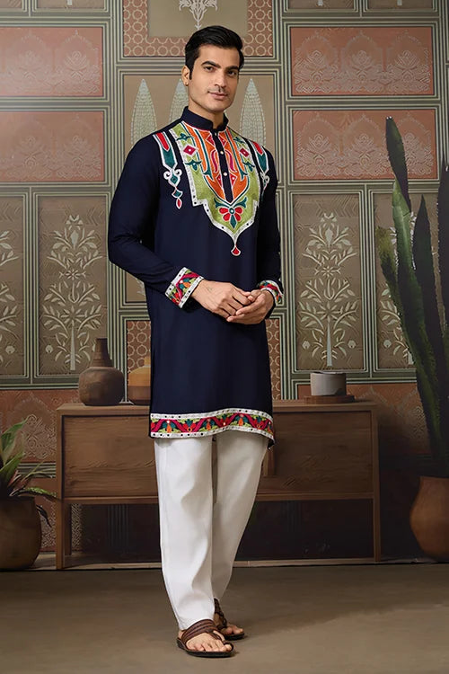Navy Blue Embroidered Festival Wear Kurta for Men Clothsvilla