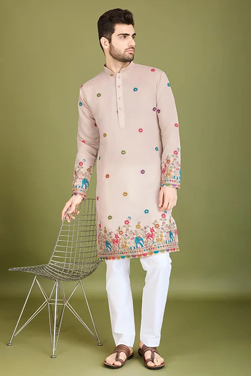 Ivory Viscose Silk Men's Kurta with Thread Work Clothsvilla