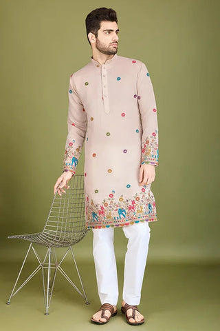 Ivory Viscose Silk Men's Kurta with Thread Work Clothsvilla