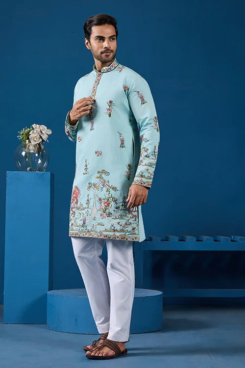 Wedding Celebration Elegant Sky Kurta for Mens Wear Clothsvilla