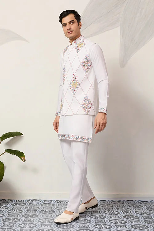 Elegant Wedding Special White Koti Kurta Pajama Set Clothsvilla