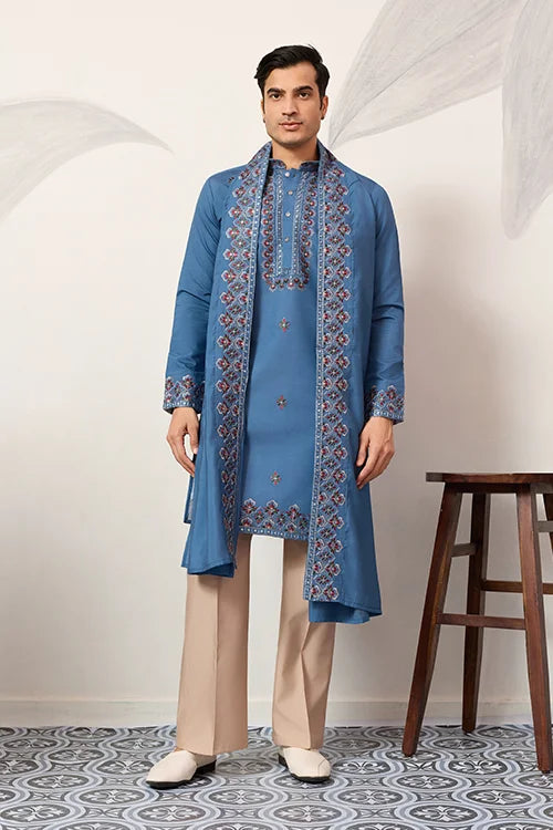 Wedding Royal Look Blue Kurta with Dupatta for Mens Wear Clothsvilla