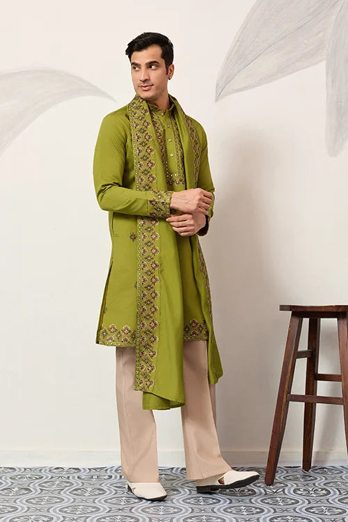 Classic Wedding Fluorescent Green Mens Wear Kurta with Dupatta Clothsvilla