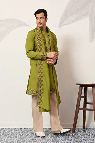 Classic Wedding Fluorescent Green Mens Wear Kurta with Dupatta Clothsvilla