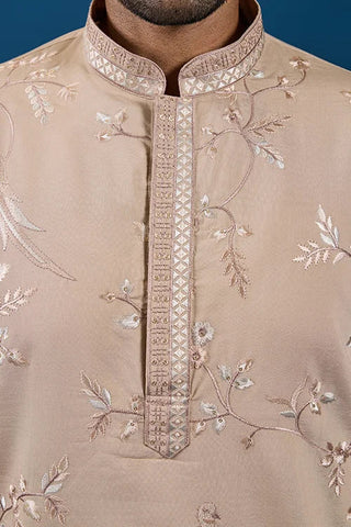 Elegant Beige Embroidered Viscose Silk Kurta for Mens Clothsvilla