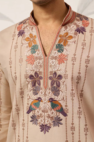 Premium Beige Embroidered V Neck Kurta Pant Set Clothsvilla