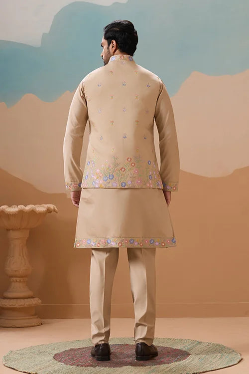 Celebration Beige Kurta Koti Pant Wedding Outfit for Men Clothsvilla