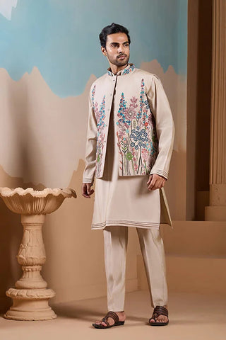 Elegant Fashionable Beige Koti Kurta Set for Mens Wear Clothsvilla