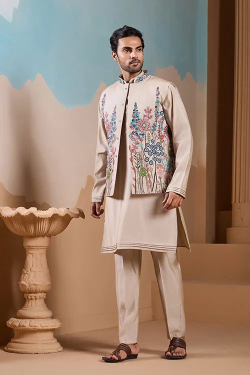 Elegant Fashionable Beige Koti Kurta Set for Mens Wear Clothsvilla