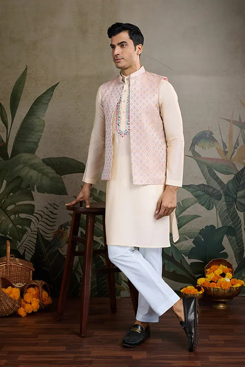 Traditional Beige Kurta Set with Koti Jacket Clothsvilla