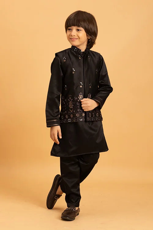 Traditional Black Mirror Work Koti Kurta Set for Boys Clothsvilla