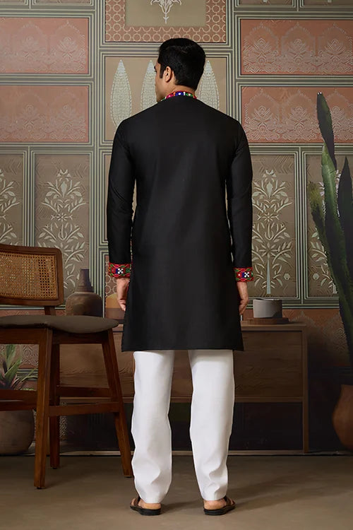 Black Cotton Silk Traditional Ready Kurta for Navratri Clothsvilla