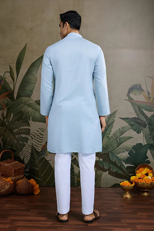 Sky Blue Designer Men's Kurta with Real Mirror Work Clothsvilla