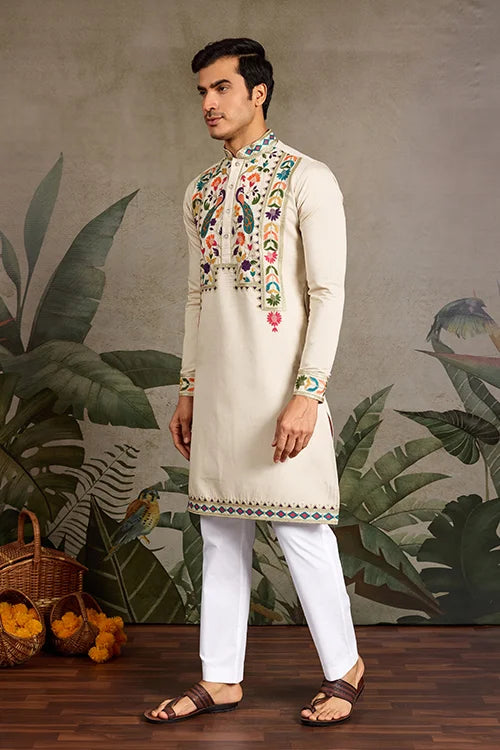 Beige Color Special Embroidered Kurta for Mens Wear Clothsvilla