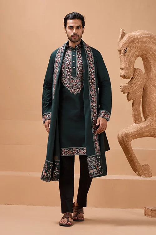Perfect Green Festival Special Kurta with Dupatta for Mens Clothsvilla
