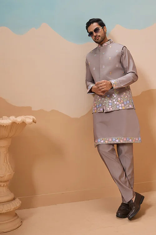 Elegant Grey Embroidered Koti Kurta Pant for Mens Clothsvilla