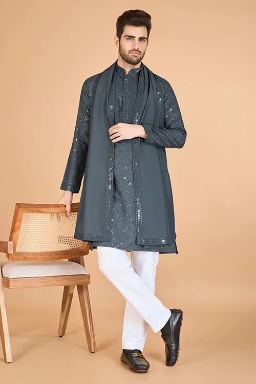 Designer Grey Sequence Embroidered Gents Kurta Clothsvilla