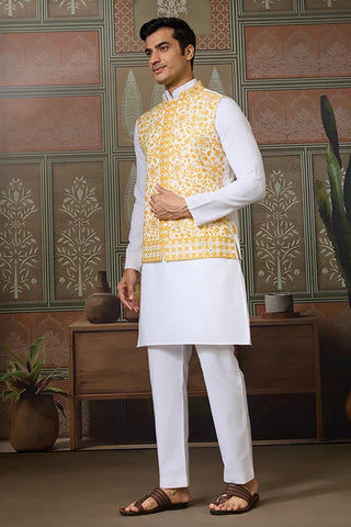 Haldi Special Yellow Koti with White Kurta for Mens Clothsvilla