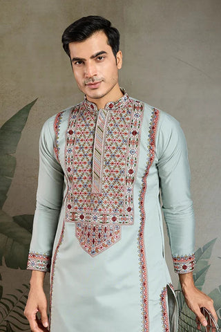 Traditional Sky Blue Embroidered Kurta Pajama Set Clothsvilla